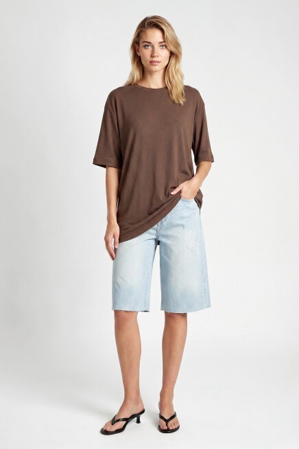 Oversize Basic Fitilli Modal T-shirt VİZON LUB0361