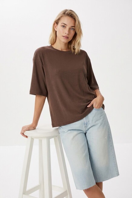 Oversize Basic Fitilli Modal T-shirt VİZON LUB0361