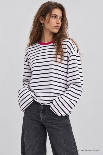 Oversize Çizgili Örme Sweatshirt EKRU SİYAH LRN0079