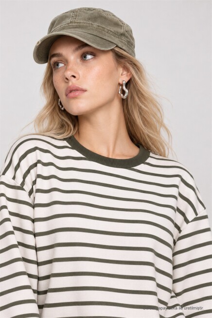 Oversize Çizgili Örme Sweatshirt HAKİ EKRU LRN0079