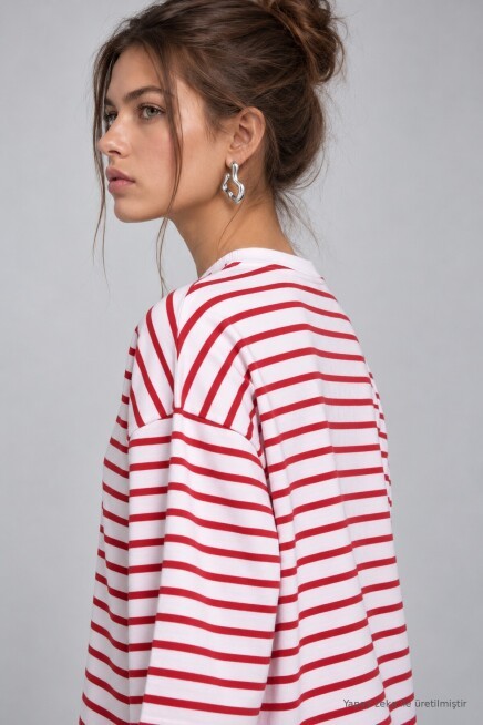 Oversize Çizgili Örme Sweatshirt KIRMIZI BEYAZ LRN0079