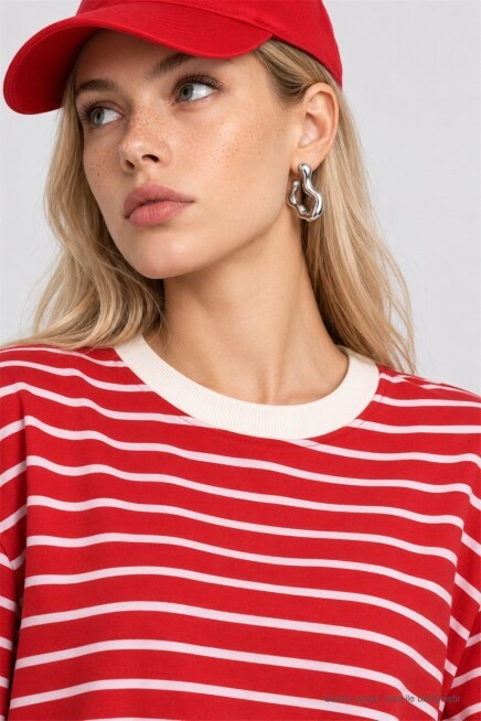 Oversize Çizgili Örme Sweatshirt KIRMIZI EKRU LRN0079