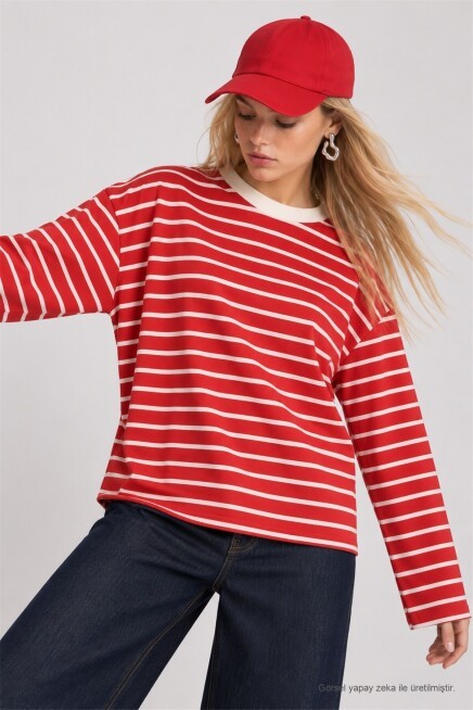 Oversize Çizgili Örme Sweatshirt KIRMIZI EKRU LRN0079