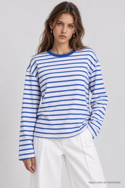 Oversize Çizgili Örme Sweatshirt MAVİ EKRU LRN0079