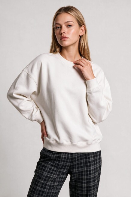 Oversize Şardonlu Basic Sweatshirt EKRU LRN0082