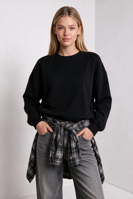 Oversize Şardonlu Basic Sweatshirt SİYAH LRN0082