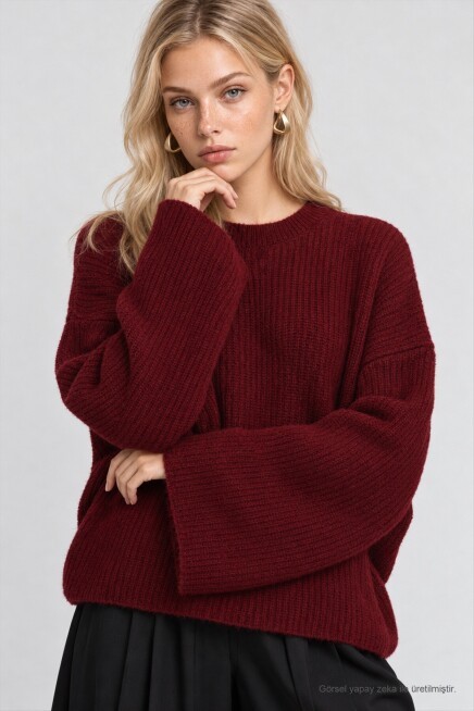 Selanik Örgü Oversize Triko Kazak BORDO LKR0002