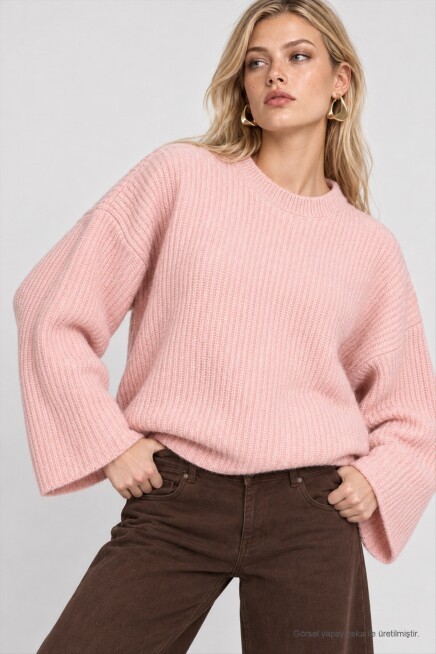 Selanik Örgü Oversize Triko Kazak PEMBE LKR0002