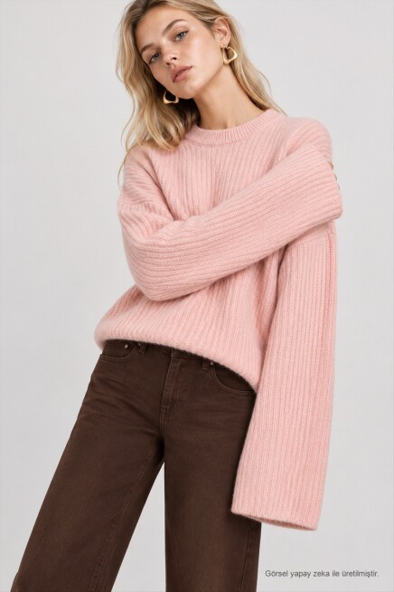 Selanik Örgü Oversize Triko Kazak PEMBE LKR0002