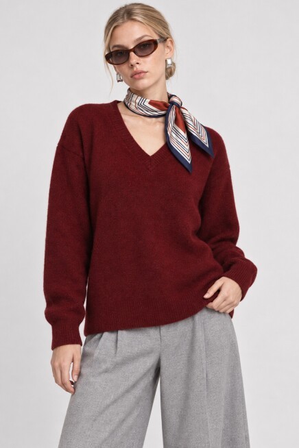 V Yaka Oversize Triko Kazak 4289 BORDO LKİ0061