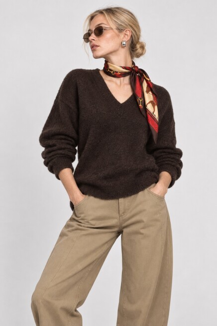 V Yaka Oversize Triko Kazak 4289 KAHVERENGİ LKİ0061
