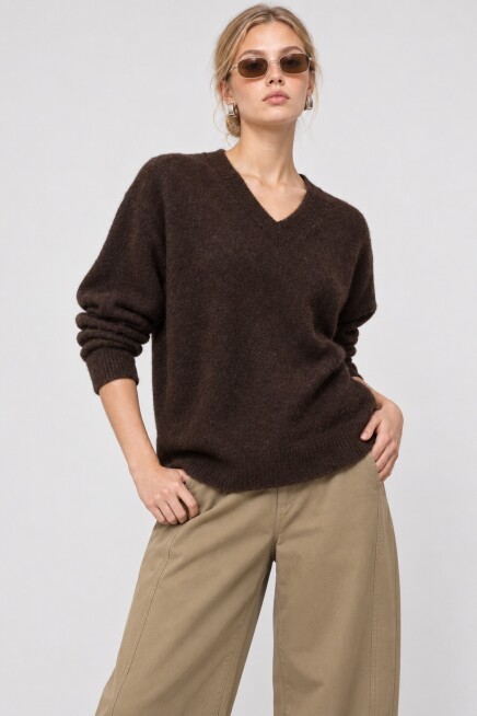 V Yaka Oversize Triko Kazak 4289 KAHVERENGİ LKİ0061