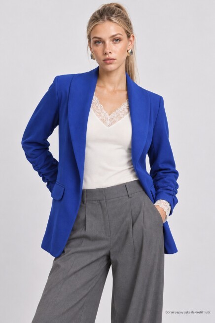 Vatkalı Büzgü Detaylı Dokuma Blazer Ceket KOYU MAVİ LNT0050