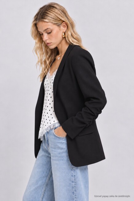 Vatkalı Büzgü Detaylı Dokuma Blazer Ceket SİYAH LNT0050