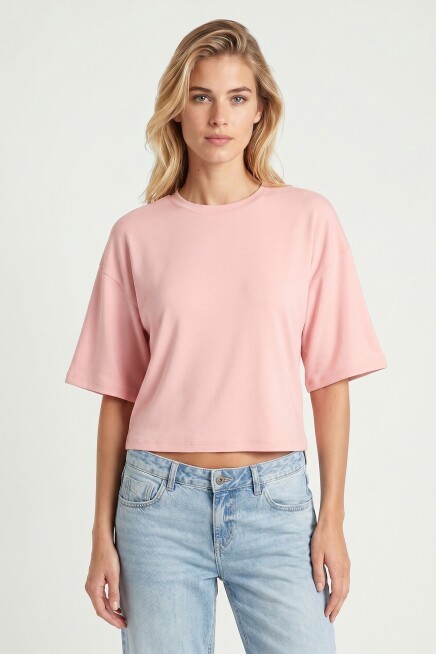 Yarasa Kollu Basic Modal T-shirt ŞEKER PEMBE LUB0357