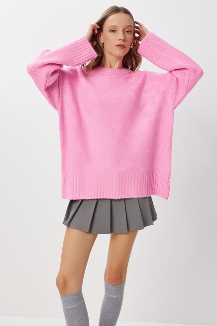 Yumuşak Dokulu Oversize Triko Kazak PEMBE LPF0063