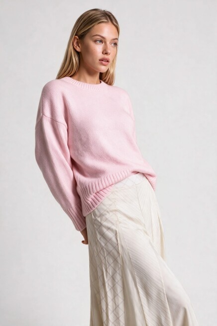 Yumuşak Dokulu Oversize Triko Kazak ŞEKER PEMBE LPF0063