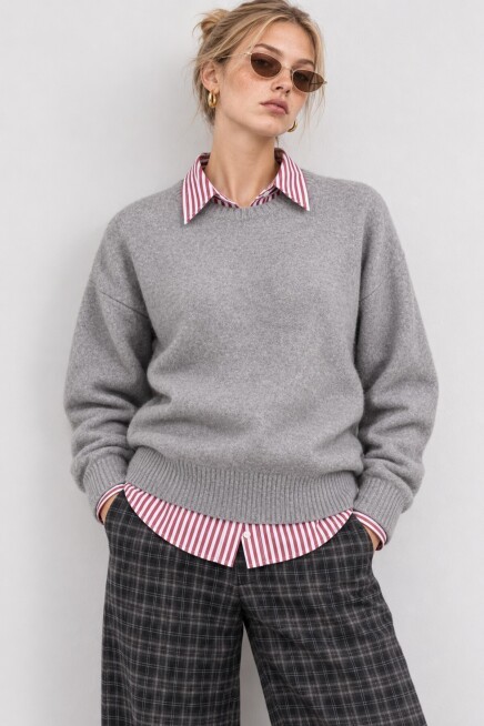 Yün Karışımlı Oversize Triko Kazak 4270 GRİ LKİ0062