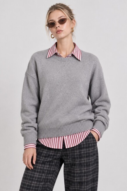 Yün Karışımlı Oversize Triko Kazak 4270 GRİ LKİ0062