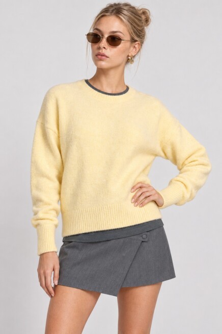Yün Karışımlı Oversize Triko Kazak 4270 SARI LKİ0062