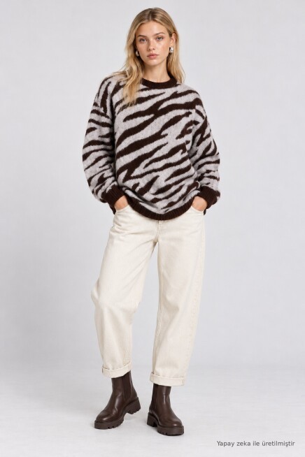 Zebra Desenli Oversize Triko Kazak KAHVERENGİ LAS0017