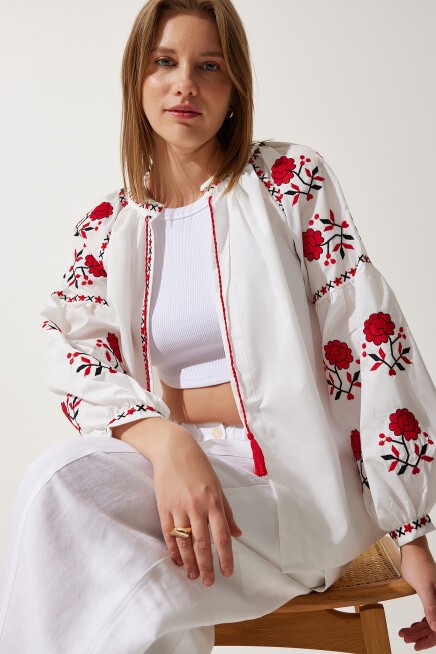 NAKIŞLI BALON KOLLU POPLİN BLUZ