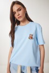 Ayıcık İşlemeli Pamuklu Örme T-shirt GÖK MAVİ LAV0005