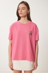 Ayıcık İşlemeli Pamuklu Örme T-shirt PEMBE LAV0005