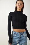 Balıkçı Yaka Fitilli Crop Örme Bluz SİYAH LAH0004