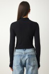 Balıkçı Yaka Fitilli Crop Örme Bluz SİYAH LAH0004