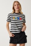 Baskılı Çizgili Örme T-shirt SİYAH BEYAZ LAN0038