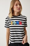 Baskılı Çizgili Örme T-shirt SİYAH BEYAZ LAN0038