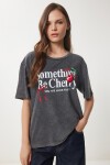 Baskılı Yıkamalı Örme T-Shirt ANTRASİT LAN0027