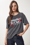 Baskılı Yıkamalı Örme T-Shirt ANTRASİT LAN0027