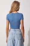 Bisiklet Yaka Crop Örme T-Shirt İNDİGO MAVİ LCE0003