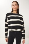 Çizgili Crop Triko Kazak SİYAH KREM LBV0038