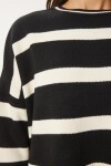 Çizgili Crop Triko Kazak SİYAH KREM LBV0038