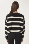 Çizgili Crop Triko Kazak SİYAH KREM LBV0038