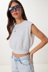 Çizgili Müslin Crop Bluz EKRU MAVİ HGP0001