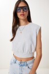 Çizgili Müslin Crop Bluz EKRU MAVİ HGP0001