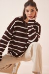 Çizgili Oversize Triko Kazak KAHVERENGİ KEMİK LBV0025