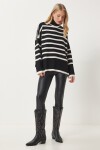 Çizgili Oversize Triko Kazak SİYAH EKRU LBV0053