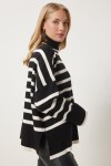 Çizgili Oversize Triko Kazak SİYAH EKRU LBV0053