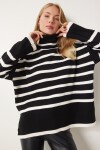 Çizgili Oversize Triko Kazak SİYAH EKRU LBV0053