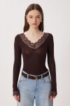 Dantelli Transparan Örme Bluz KAHVERENGİ LBY0049