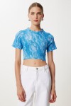 Desenli Crop Krinkıl Bluz GÖK MAVİ LAN0048