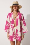 Desenli Keten Viskon Kimono BEJ PEMBE LBH0005