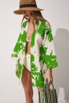 Desenli Keten Viskon Kimono BEJ YEŞİL LBH0005