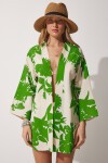 Desenli Keten Viskon Kimono BEJ YEŞİL LBH0005