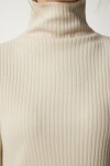 Dik Yaka Yırtmaçlı Triko Elbise KREM LBV0023